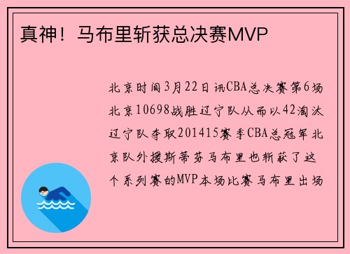 真神！马布里斩获总决赛MVP