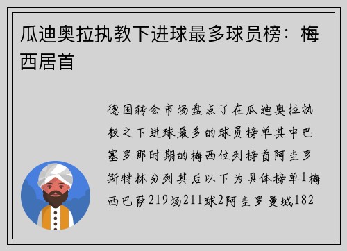 瓜迪奥拉执教下进球最多球员榜：梅西居首